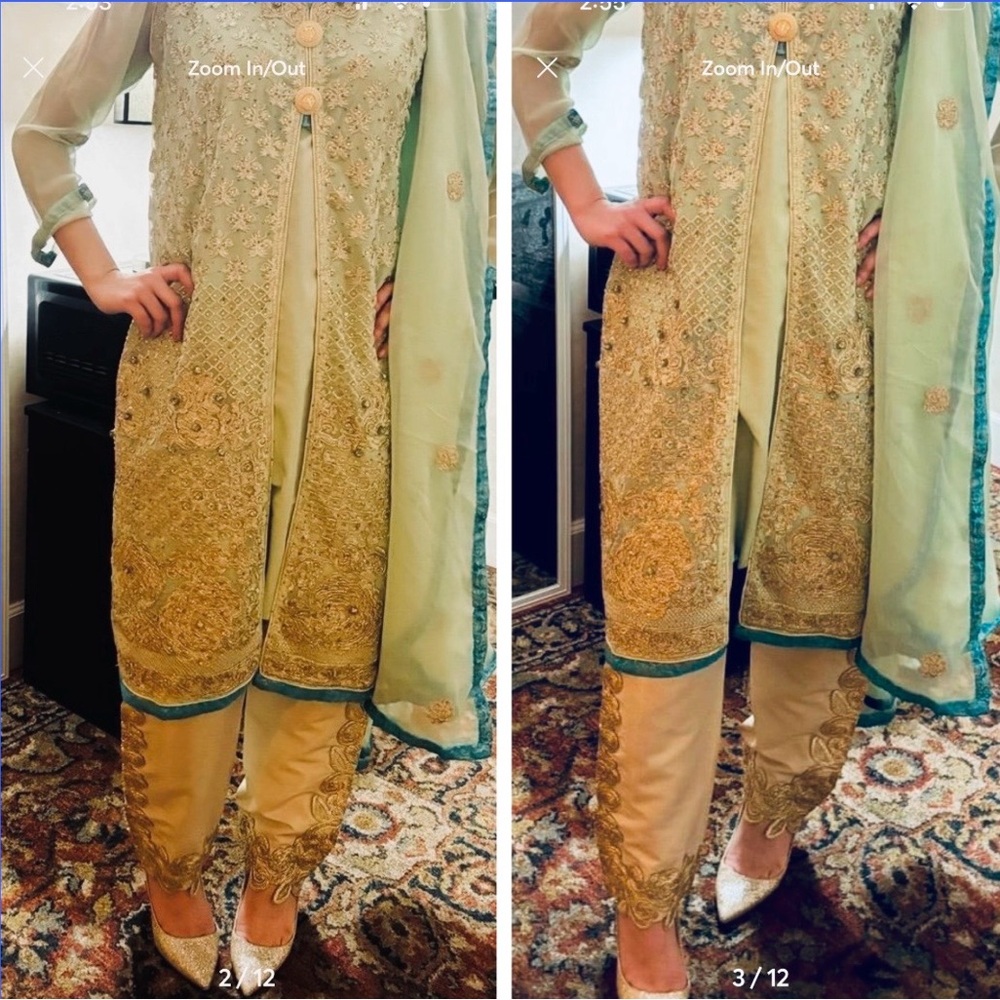 Traditional pure chiffon mint green gold embroidered stonework jacket style! L